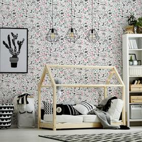 Modern baby bedroom in white with bed, bookcase, and carpet